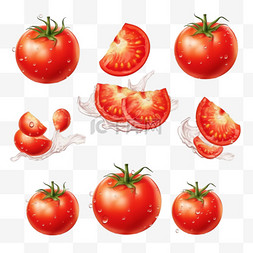 番茄完整水果片和果汁飞溅西红柿