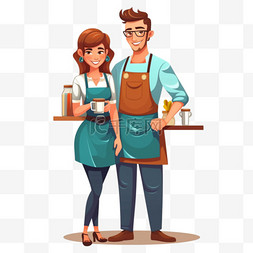 可爱的情侣咖啡师在围裙站着双臂