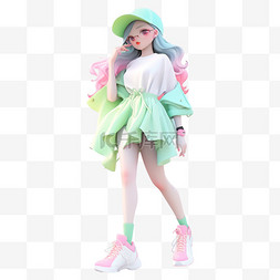 天蓝色短裙图片_多巴胺3D立体人物绿色短裙女孩