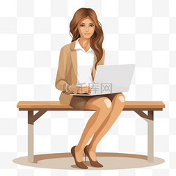 坐在凳子上用笔记本电脑的年轻女