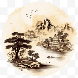 一幅中国水墨山水画在古董纸上的