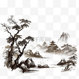 青山背景图片_一幅中国水墨山水画在古董纸上的