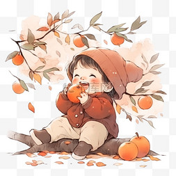 孩子开心的吃柿子卡通手绘元素