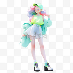 少女配色图片_多巴胺3D立体人物绿衣少女