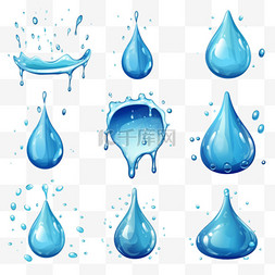 雨滴雨水图片_卡通蓝色的水滴、水花、水花和泪