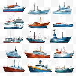 绘图插图图片_一组不同种类的船只货运交通旅游