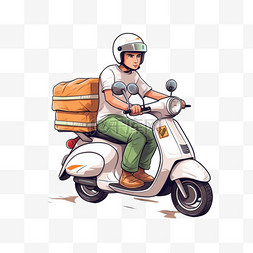 物流卡通员图片_骑着摩托车送餐的人，卡通艺术插