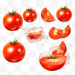 透明布景上的真实番茄完整水果片