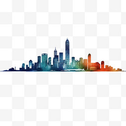 城市建筑剪影图片_扁平风格城市建筑水彩天际线剪影