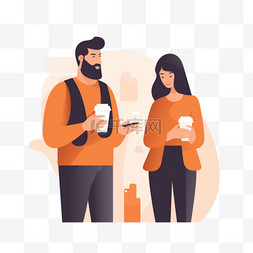 茶歇图片_女人和男人拿着咖啡看电话查看社