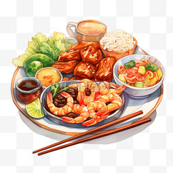 中餐烹饪班徽图片_水彩风格中餐鲜虾小吃食物拼盘
