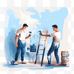 两位男画家在客厅粉刷墙壁