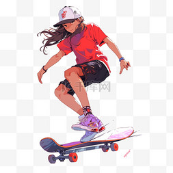 手绘滑板图片_滑板运动卡通女孩手绘元素