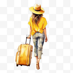 水彩风格假期旅行黄色衣服女孩形