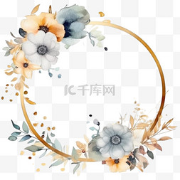 金色婚礼边框图片_水彩花卉背景，金色边框