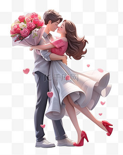 接吻图片_七夕节情人节3D立体人物赠送玫瑰