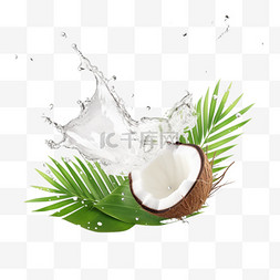 椰汁图片_椰奶飞溅，棕榈叶波克背景。