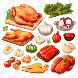 肉制品元素图片_鸡肉和不同类型的鸡肉制品