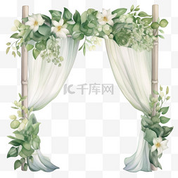 鲜花拱门图片_水彩风格婚礼鲜花拱门白色帘子免