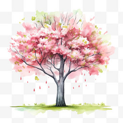 水彩风格春天粉色大树免扣元素