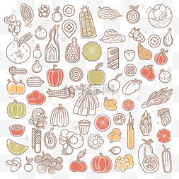水果和蔬菜的矢量图标集，采用细
