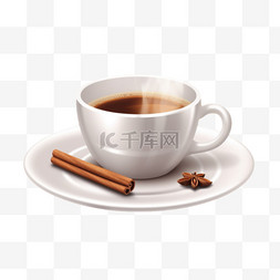 白杯热咖啡，茶碟上有肉桂，木桌
