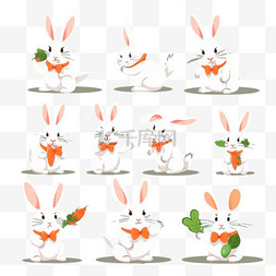复活节彩蛋图片_可爱的兔子与胡萝卜在不同的姿势