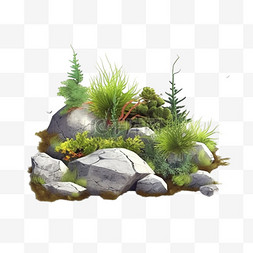岩石苔藓图片_岩石花园野生自然石头与稀疏的植