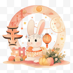 室内场景图片_中秋元素小兔子月饼卡通手绘月亮