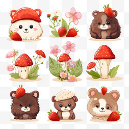 小动物卡通图案图片_一套可爱的插图与一只熊猫蘑菇草