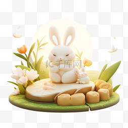 3d兔子月饼图片_月饼中秋节白兔卡通3d元素