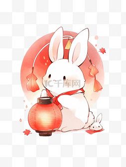 提灯笼的兔子图片_手绘元素中秋提着灯笼的小兔子卡