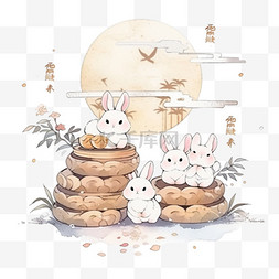 卡通小兔子月饼月亮手绘元素中秋