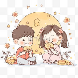 中秋节月饼卡通手绘元素可爱的孩