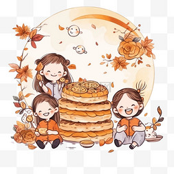 中秋节可爱的孩子月饼手绘卡通元