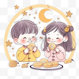 中秋节可爱的孩子月饼手绘元素卡