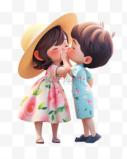 情侣情人节接吻图片_七夕情人节3D卡通立体可爱情侣在