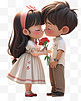 七夕节情人节3D卡通立体可爱情侣拿花亲吻