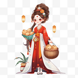梳头发图片_中秋节美女卡通月饼手绘元素