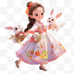 抱着的兔子图片_中秋节日卡通3d女孩兔子元素