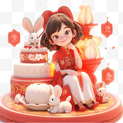 女孩月饼卡通3d元素中秋节日