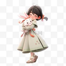 抱着兔子的女孩图片_中秋3d元素节日女孩兔子卡通