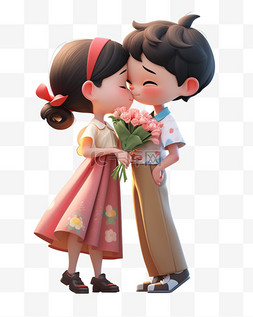 接吻的情侣卡通图片_七夕情人节3D卡通立体可爱的情侣