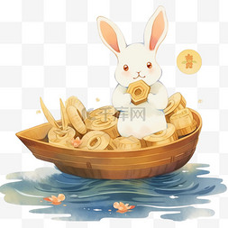 小兔月饼月亮船卡通手绘元素中秋