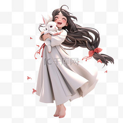 白色的兔子卡通图片_中秋元素节日女孩兔子卡通3d