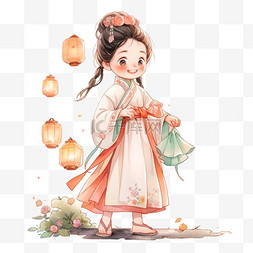 中秋节灯笼手绘图片_中秋节卡通手绘元素女孩灯笼