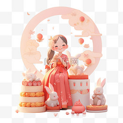 中秋节女孩月饼卡通3d元素