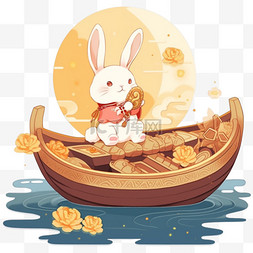 月亮船图片_中秋节小兔月饼月亮船卡通元素