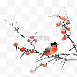 红色的小鸟卡通图片_霜降国画小鸟枝头柿子手绘元素