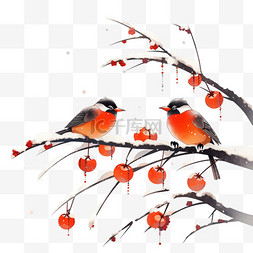 红色的小鸟卡通图片_霜降树枝白霜柿子小鸟国画手绘元